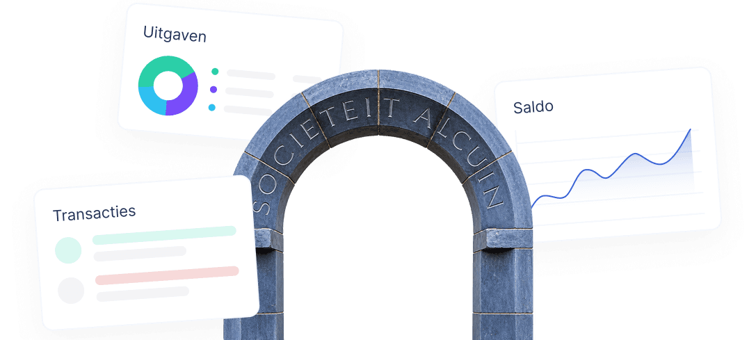 De boog van Sociëteit Alcuin met zwevende overzichtskaartjes voor saldo, uitgaven en transacties