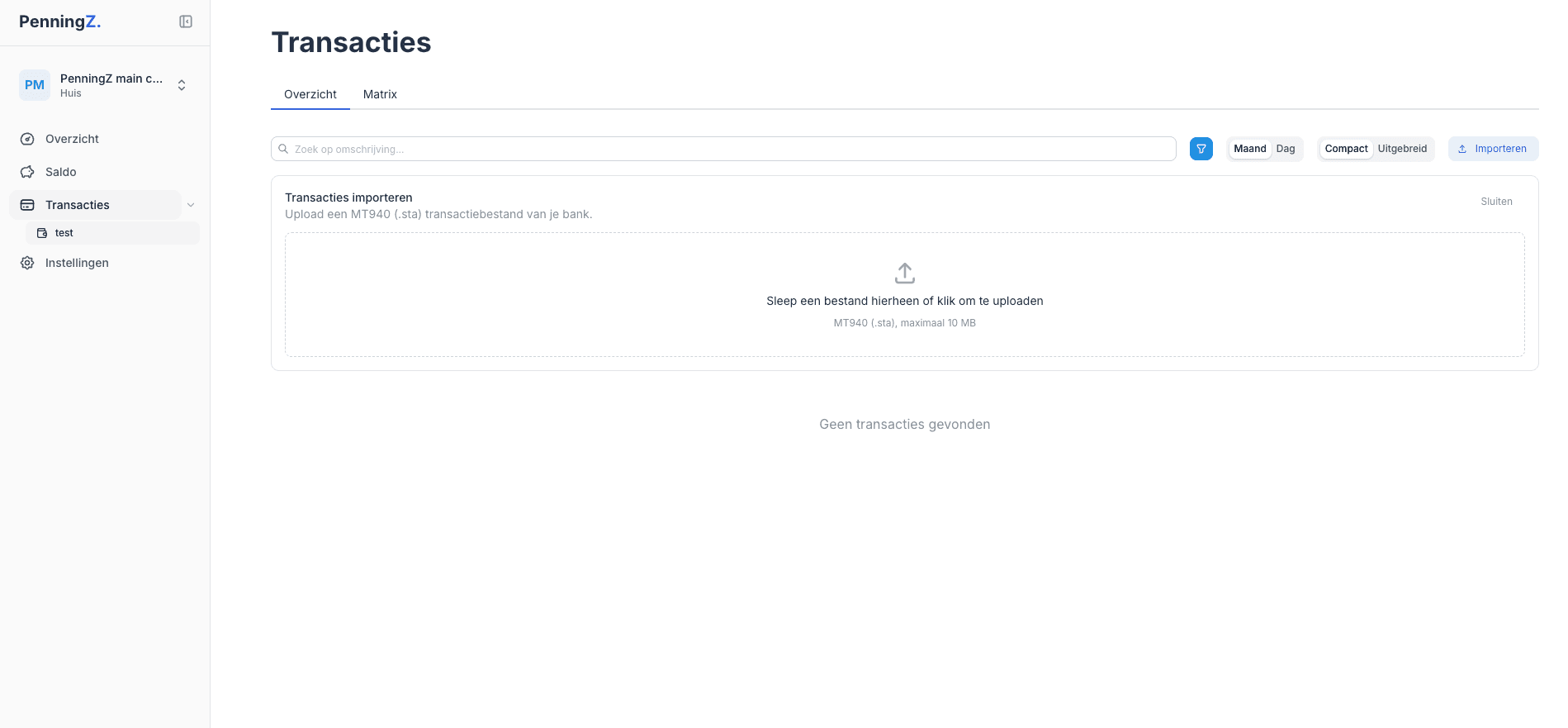 PenningZ transactiepagina met het importeervak geopend