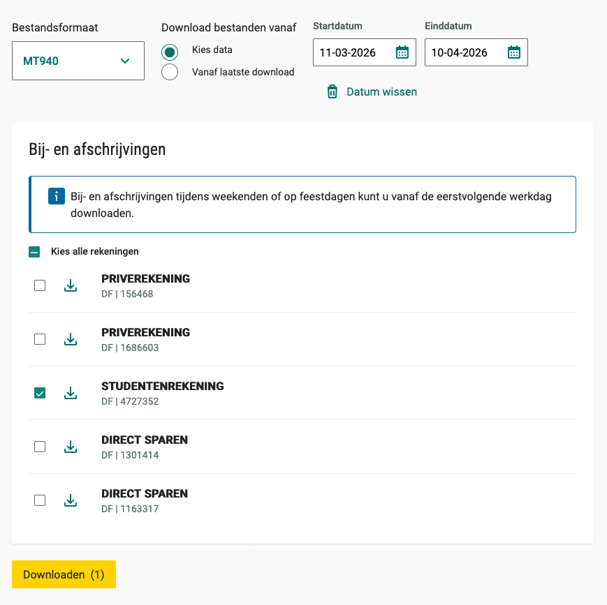 ABN AMRO downloadpagina met MT940 formaat geselecteerd en datumbereik ingesteld